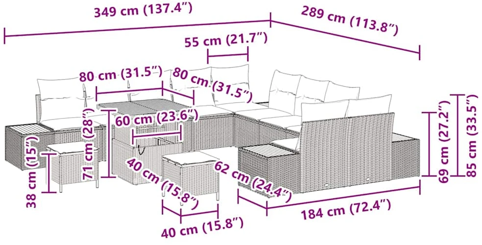 Sodo Sofų Rinkinys 13 vnt. 12-Vietų skaičius Juoda Poli ratanas