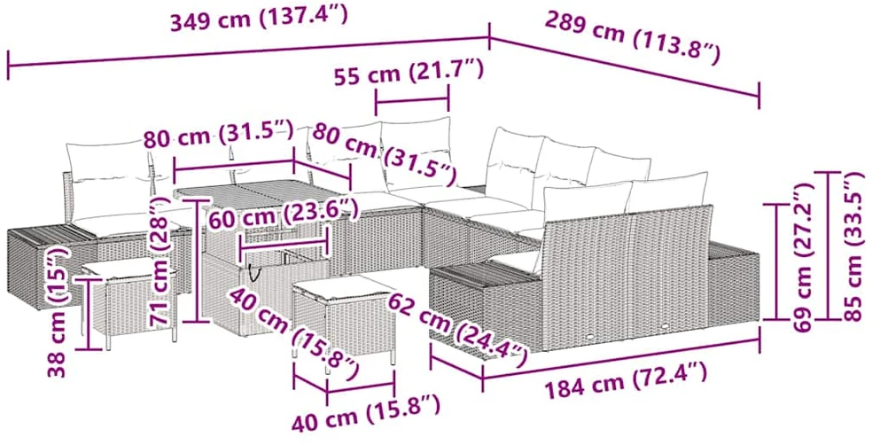 Sodo Sofų Rinkinys 13 vnt. 12-Vietų skaičius Pilka Poli ratanas