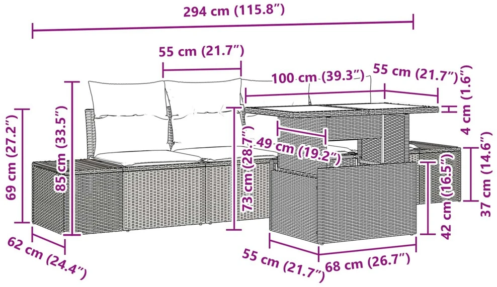 Sodo Sofų Rinkinys 5 vnt. 4-Vietų skaičius Ruda ir raudona