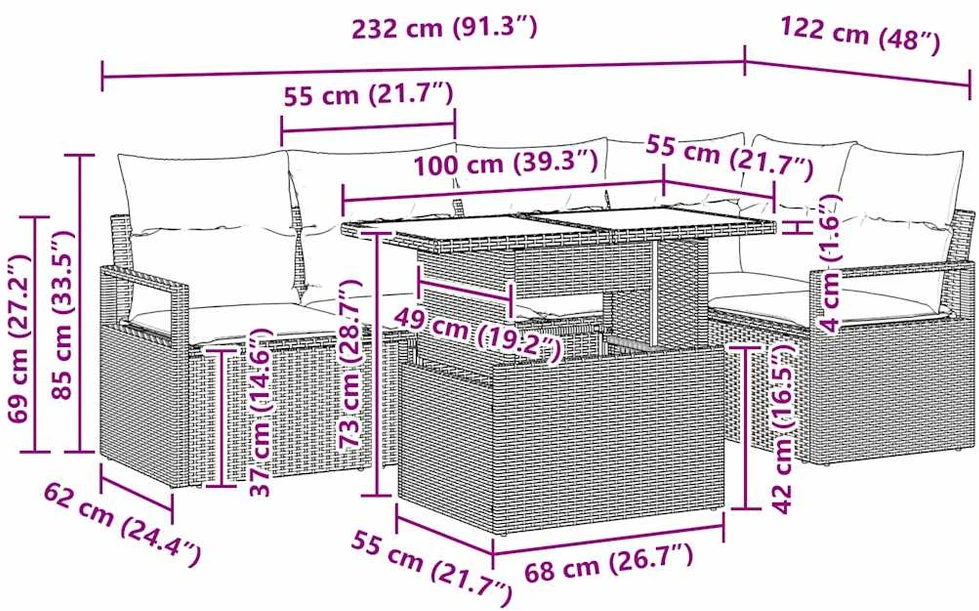 Sodo Sofų Rinkinys 6 vnt. 5-Vietų skaičius Bežinė ir kreminė