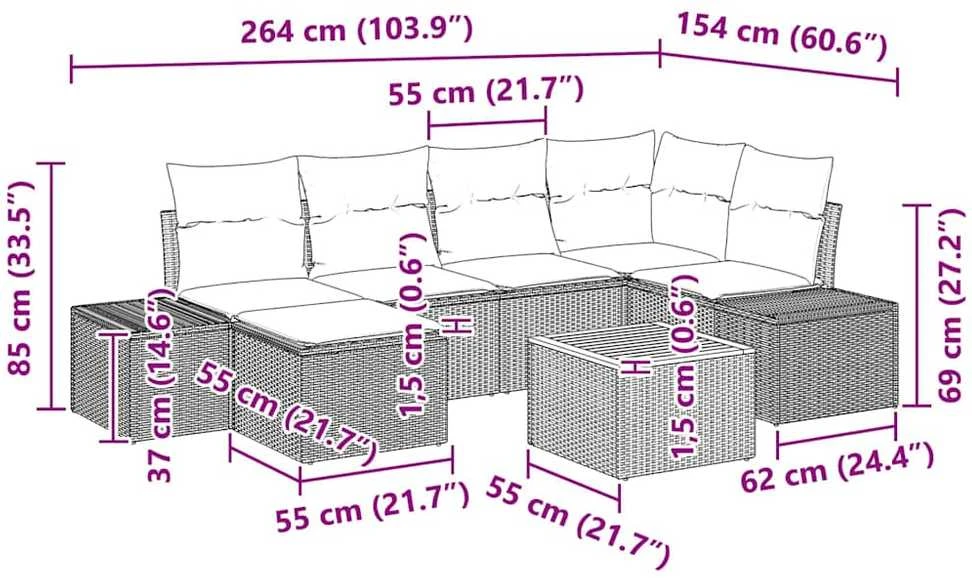 Lauko baldų komplektas Sodo Sofų Rinkinys 7 vnt. Pilka