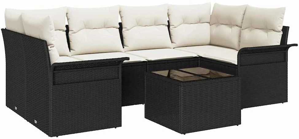 Sodo Sofų Rinkinys 7 pcs 6-Seater Juoda ir kreminė poliratanas
