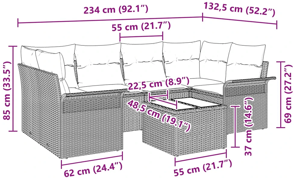 Sodo Sofų Rinkinys 7 pcs 6-Seater Bežinė ir pilka poliratanas