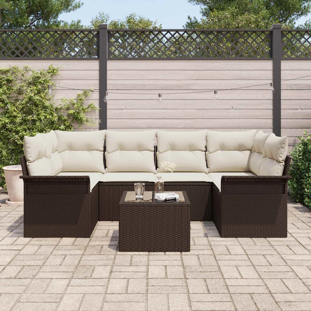 Sodo Sofų Rinkinys 7 pcs 6-Seater Ruda ir kreminė poliratanas