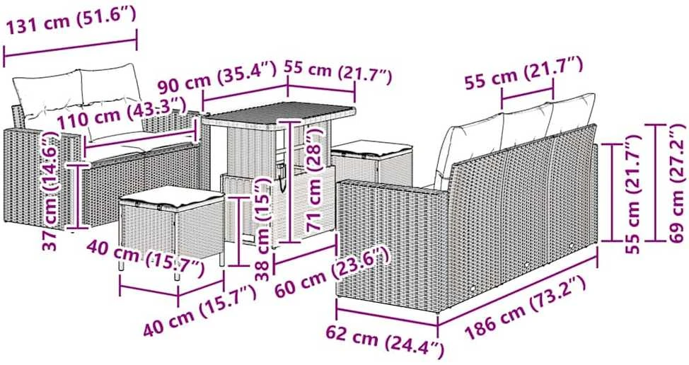 Sodo Sofų Rinkinys 8 vnt. 5-Vietų skaičius Juoda ir kreminė