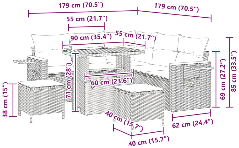 Lauko baldų komplektas Sodo Sofų Rinkinys 8 pcs Juoda poliratanas