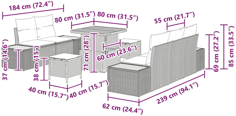 Sodo Sofų Rinkinys 8 pcs 7-Seater Pilka