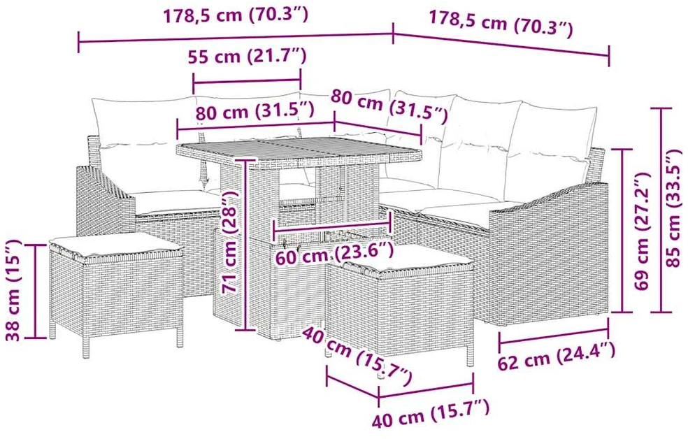 Sodo Sofų Rinkinys 8 vnt. 7-Vietų skaičius Juoda Poli ratanas
