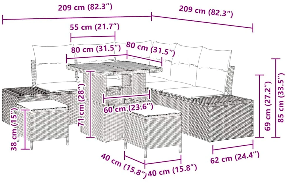 Sodo Sofų Rinkinys 8 vnt. Smėlio Poli ratanas