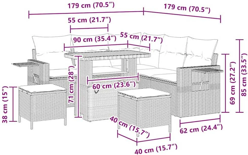 Sodo Sofų Rinkinys 9 vnt. 6-Vietų skaičius Juoda ir kreminė
