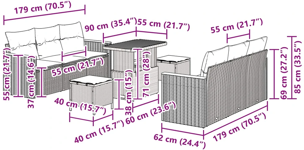 Sodo Sofų Rinkinys 9 pcs Juoda poliratanas