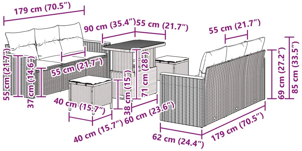 Sodo Sofų Rinkinys 9 pcs Juoda poliratanas