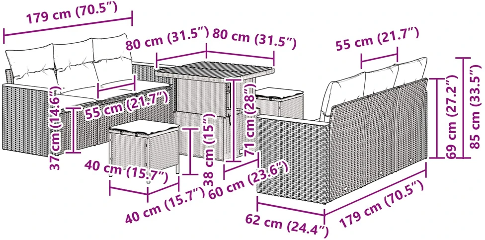 Sodo Sofų Rinkinys 9 pcs Juoda poliratanas
