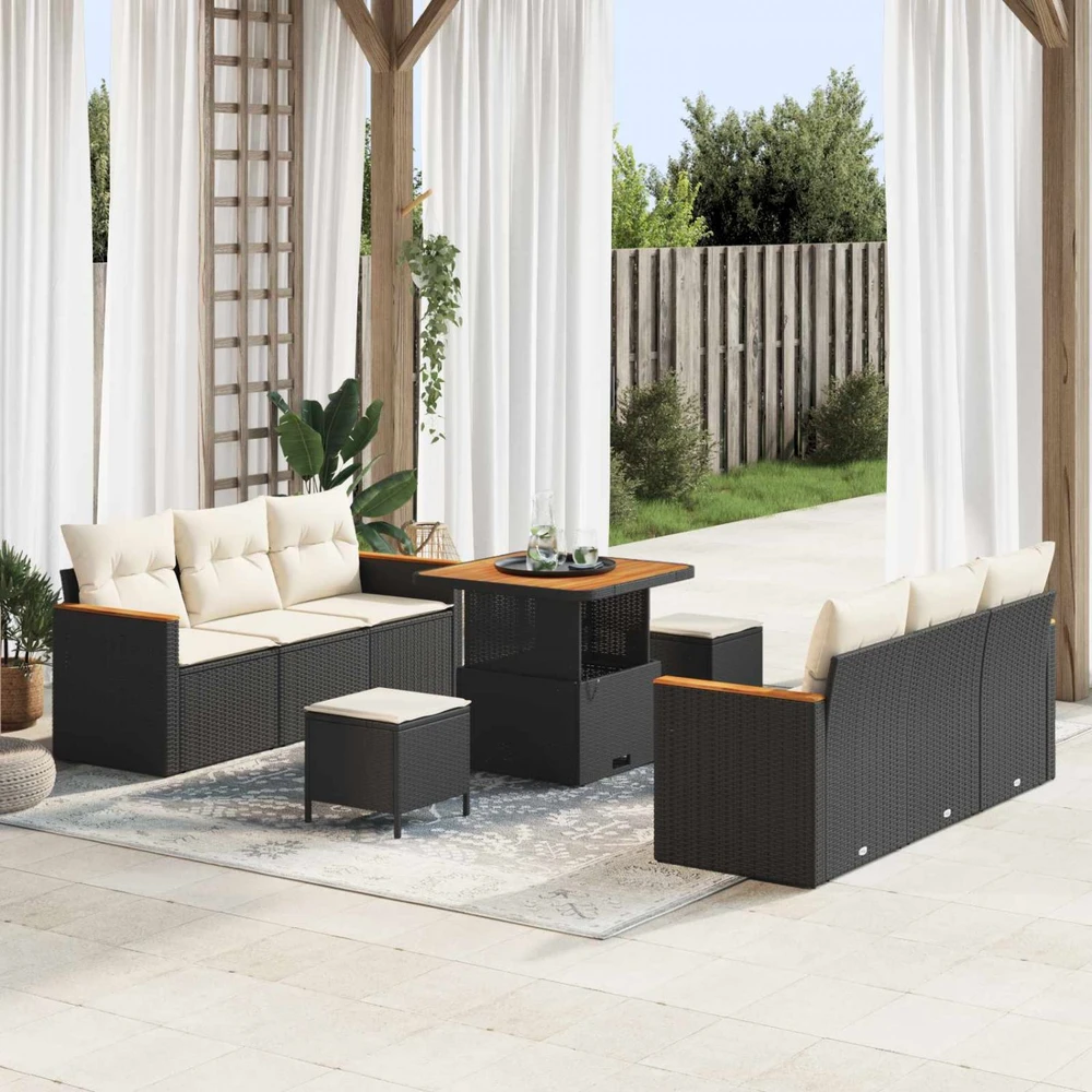 Lauko baldų komplektas Sodo Sofų Rinkinys 9 pcs Juoda poliratanas