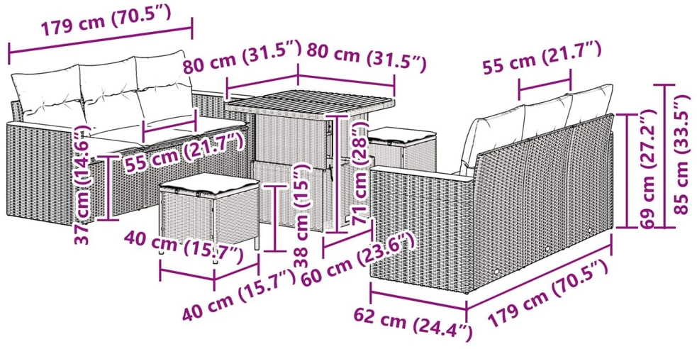 Lauko baldų komplektas Sodo Sofų Rinkinys 9 pcs Pilka poliratanas