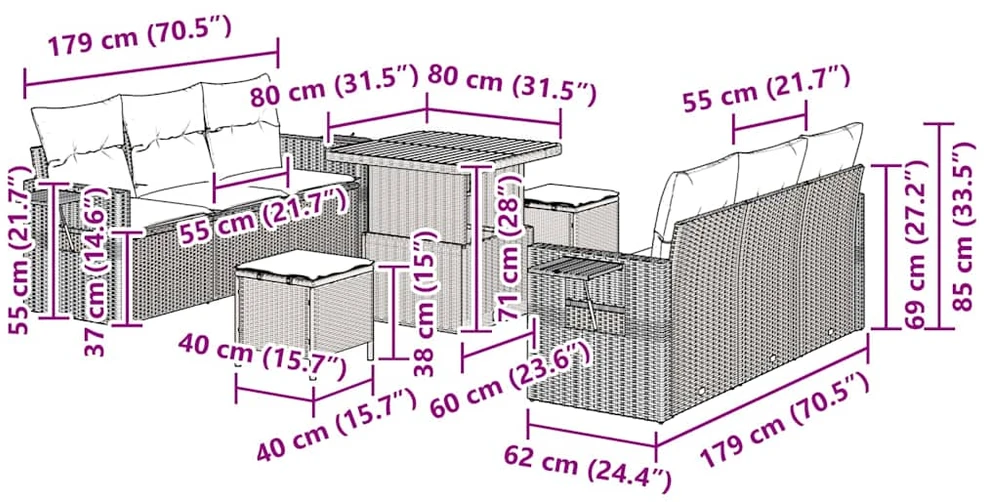 Sodo Sofų Rinkinys 9 vnt. 6-Vietų skaičius