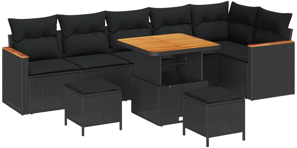 Sodo Sofų Rinkinys 9 vnt. 6-Vietų skaičius Juoda Poli ratanas
