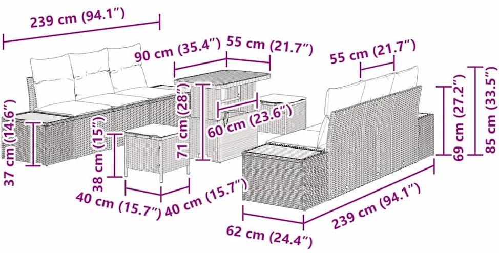 Sodo Sofų Rinkinys 9 vnt. 8-Vietų skaičius Smėlio Poli ratanas