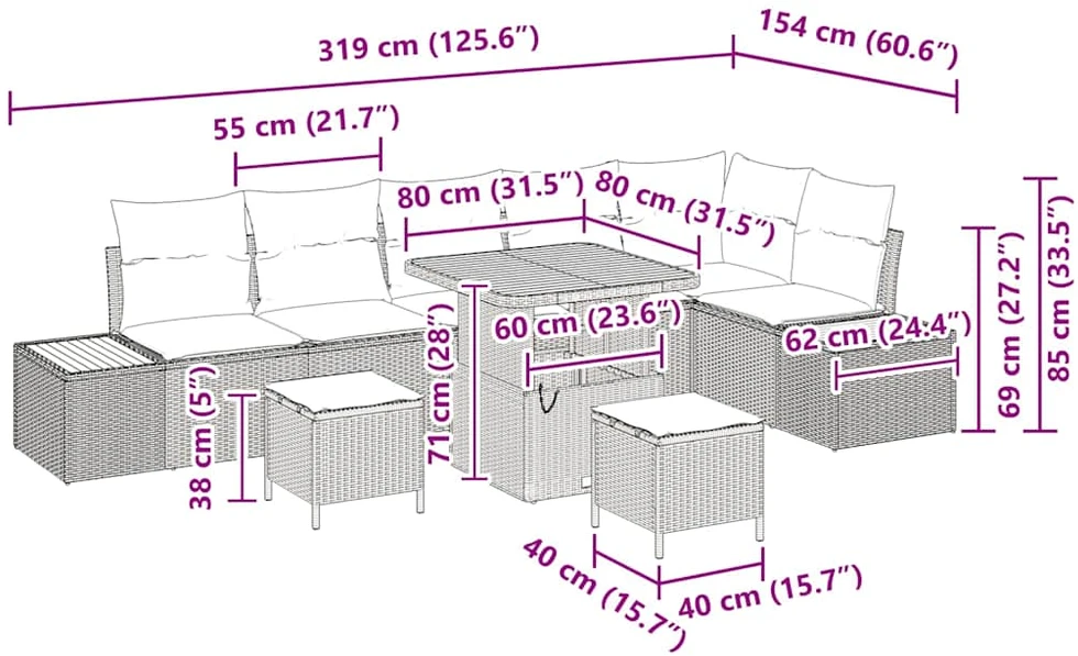 Sodo Sofų Rinkinys 9 vnt. 8-Vietų skaičius Smėlio Poli ratanas