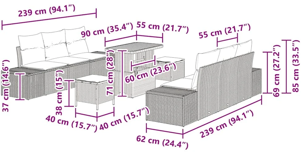 Sodo Sofų Rinkinys 9 vnt. 8-Vietų skaičius Smėlio Poli ratanas