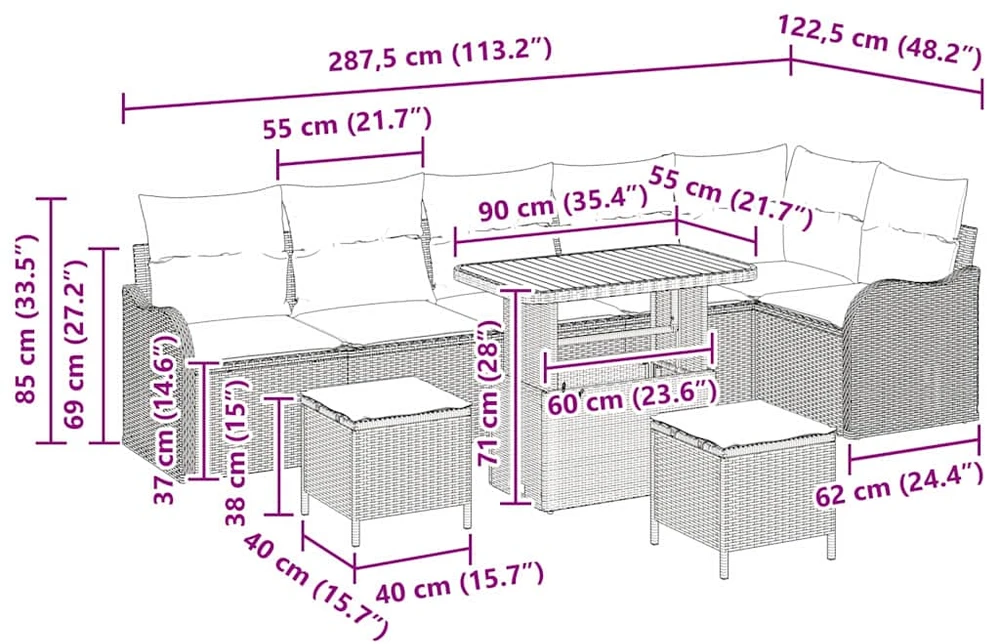 Sodo Sofų Rinkinys 9 vnt. 8-Vietų skaičius Juoda