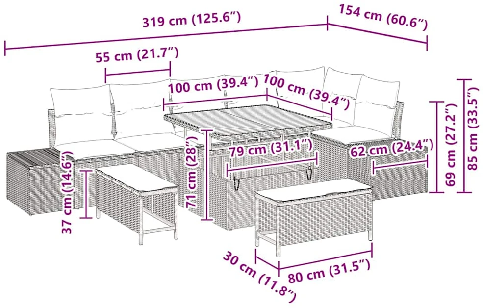 Sodo Sofų Rinkinys 9 vnt. Juoda poliratanas