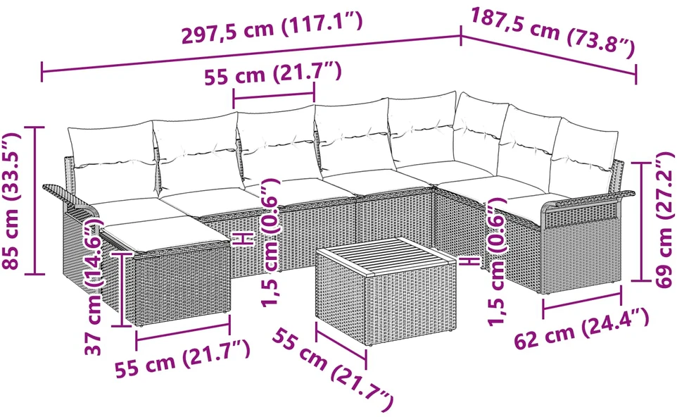 Sodo Sofų Rinkinys 9 vnt. Pilka ir tamsiai mėlyna poliratanas