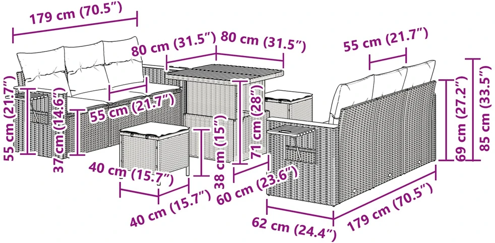 Sodo Sofų Rinkinys 9 vnt. Pilka poliratanas