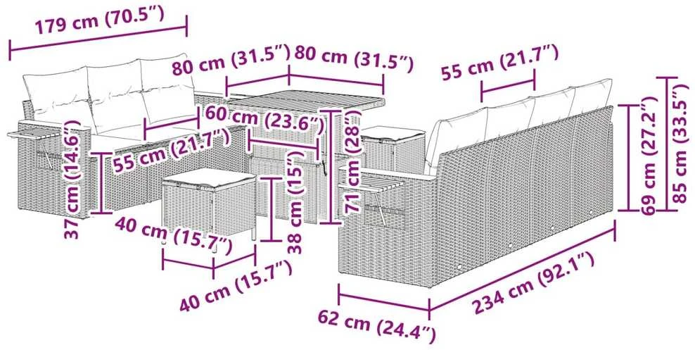 Sodo Sofų Rinkinys 10 vnt. 9-Vietų skaičius Juoda
