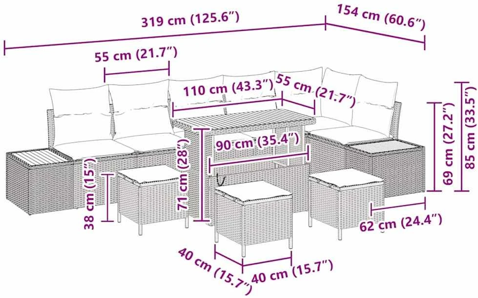 Sodo Sofų Rinkinys 10 vnt. 9-Vietų skaičius Juoda Poli ratanas