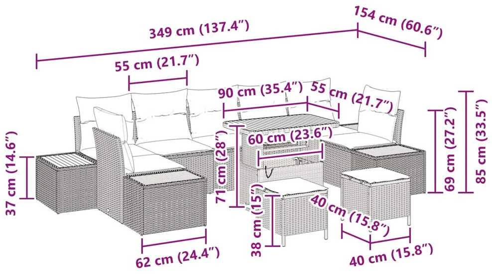Sodo Sofų Rinkinys 10 vnt. 9-Vietų skaičius Juoda Poli ratanas