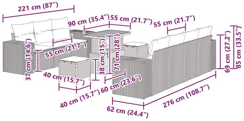 Sodo Sofų Rinkinys 10 vnt. 9-Vietų skaičius Juoda Poli ratanas