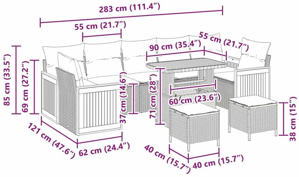 Sodo Sofų Rinkinys 10 vnt. 9-Vietų skaičius Juoda