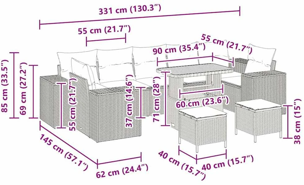 Sodo Sofų Rinkinys 10 vnt. 9-Vietų skaičius Juoda ir kreminė