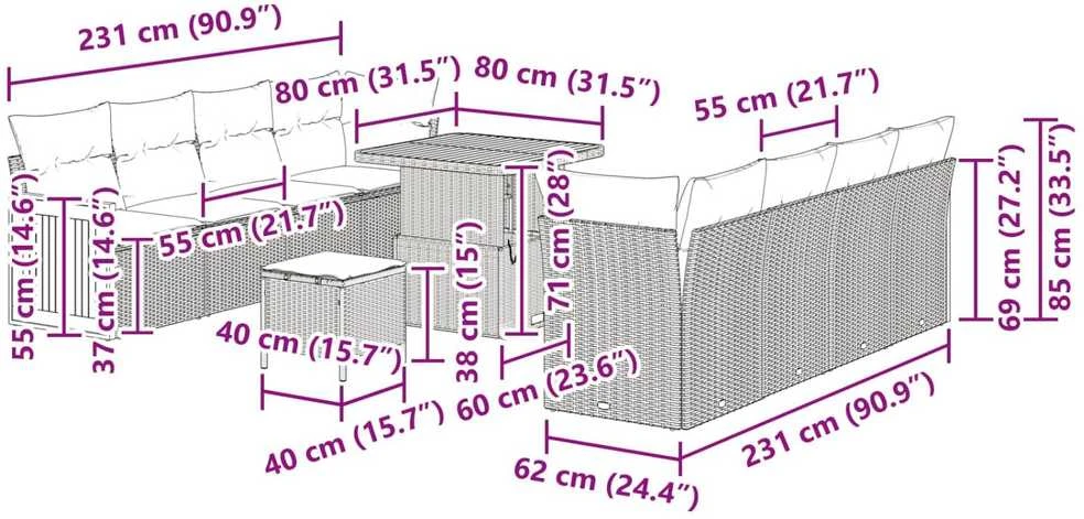 Sodo Sofų Rinkinys 11 vnt. 10-Vietų skaičius Juoda