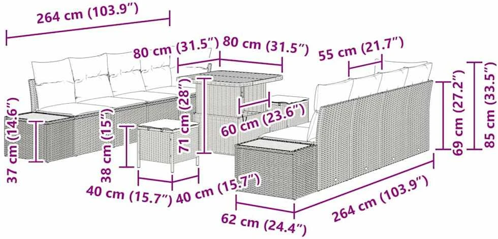 Sodo Sofų Rinkinys 11 vnt. 10-Vietų skaičius Pilka Poli ratanas