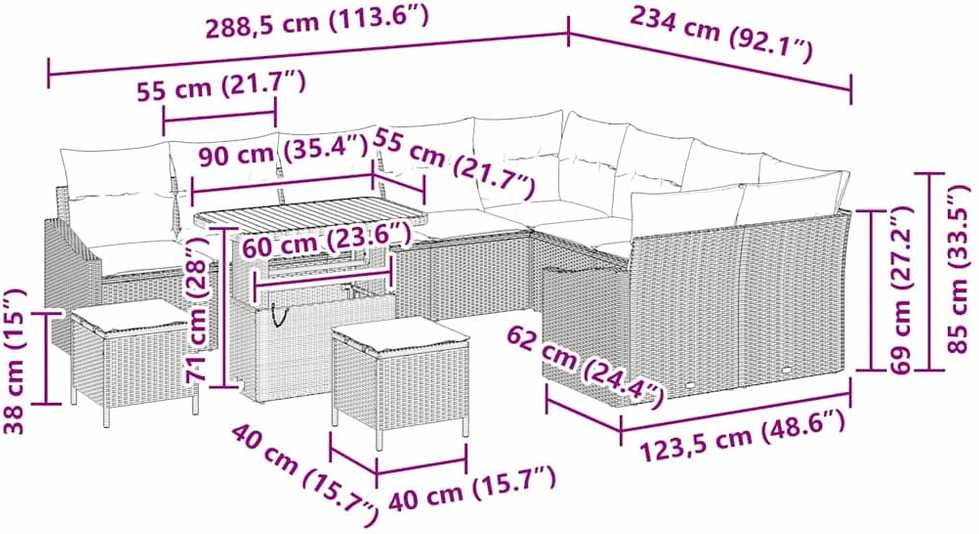 Sodo Sofų Rinkinys 12 vnt. 7-Vietų skaičius Juoda Poli ratanas