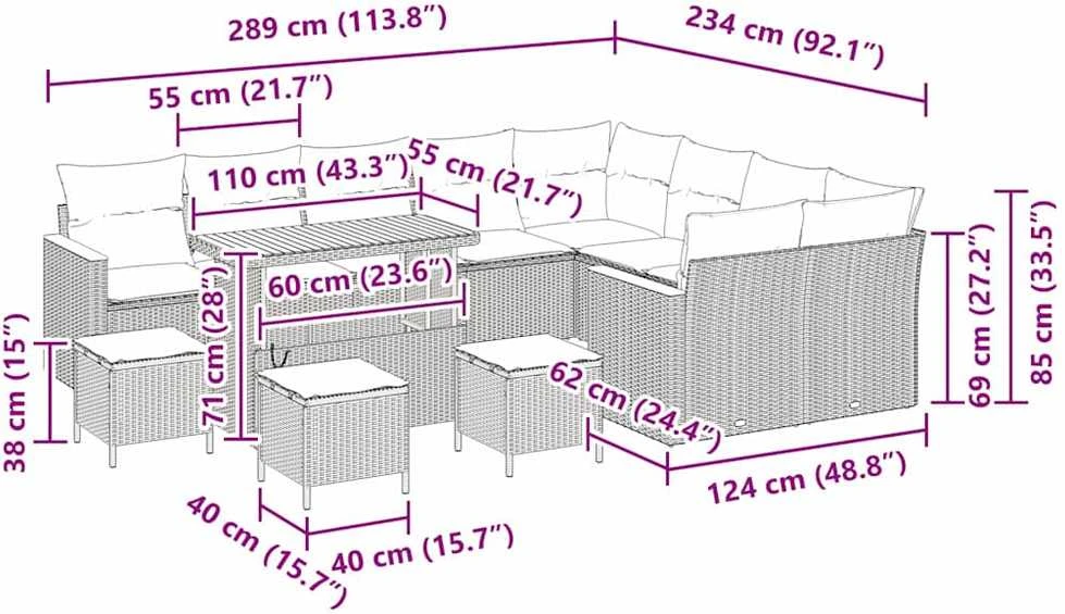 Sodo Sofų Rinkinys 13 vnt. 9-Vietų skaičius Pilka Poli ratanas