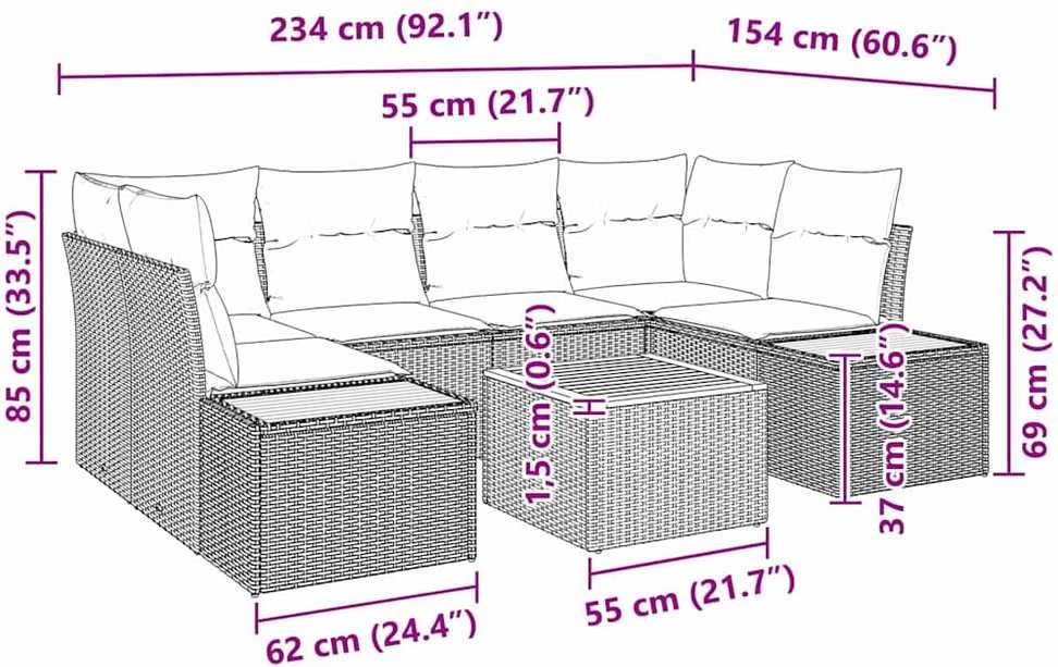 Lauko baldų komplektas Sodo Sofų Rinkinys 7 vnt. Smėlio Poli ratanas