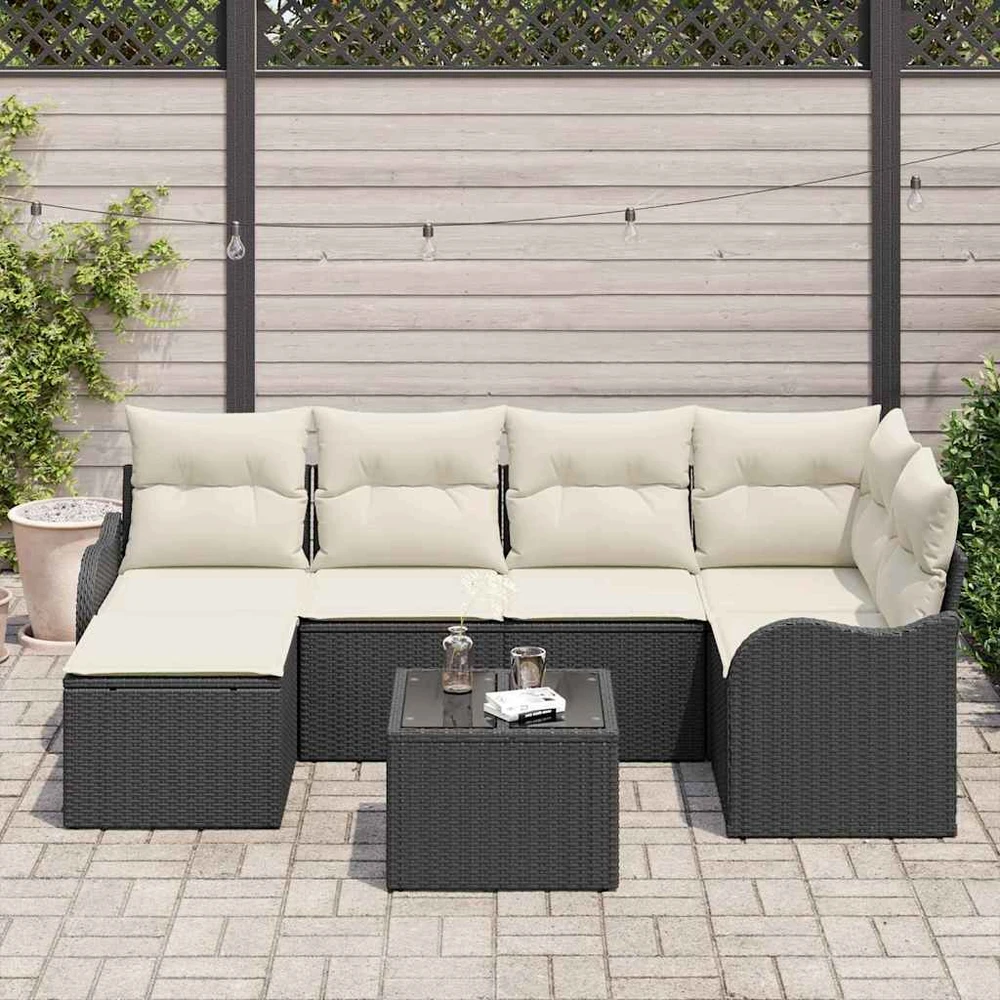 Sodo Sofų Rinkinys su pagalve 7 pcs Juoda Poli ratanas