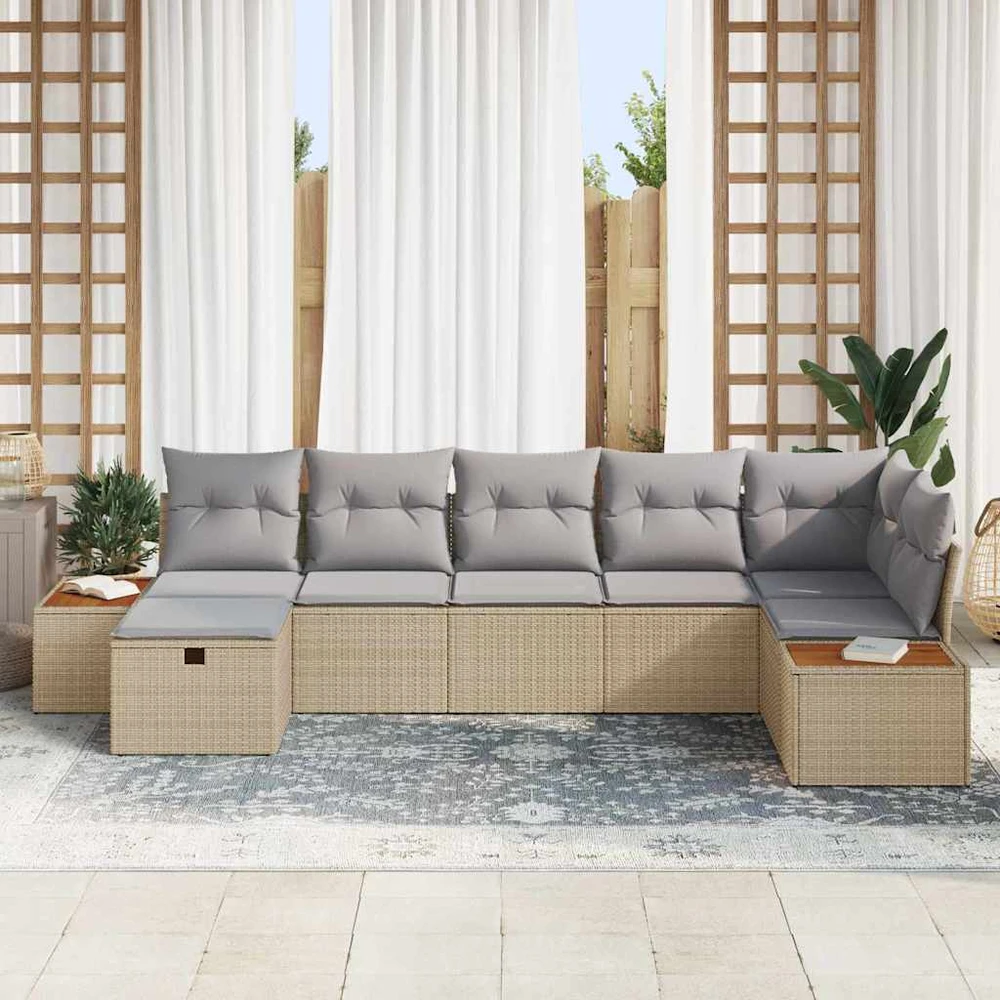 Sodo Sofų Rinkinys su pagalve 7 pcs Smėlio Poli ratanas
