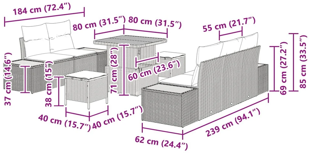 Sodo Sofų Rinkinys 8 pcs 7-Seater Juoda