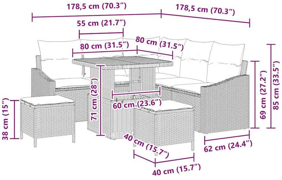 Sodo Sofų Rinkinys 8 vnt. 7-Vietų skaičius Juoda Poli ratanas