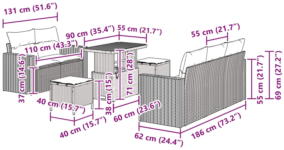 Sodo Sofų Rinkinys su pagalve 8 pcs Juoda poliratanas