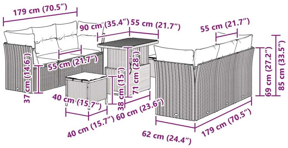 Sodo Sofų Rinkinys su pagalve 9 pcs Juoda poliratanas