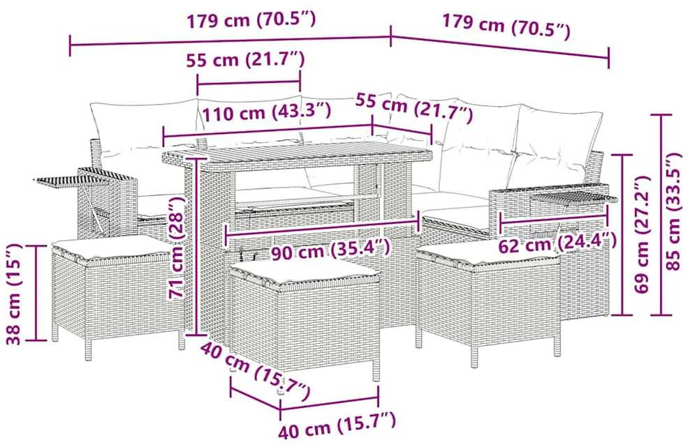 Lauko baldų komplektas Sodo Sofų Rinkinys su pagalve 9 pcs Juoda poliratanas