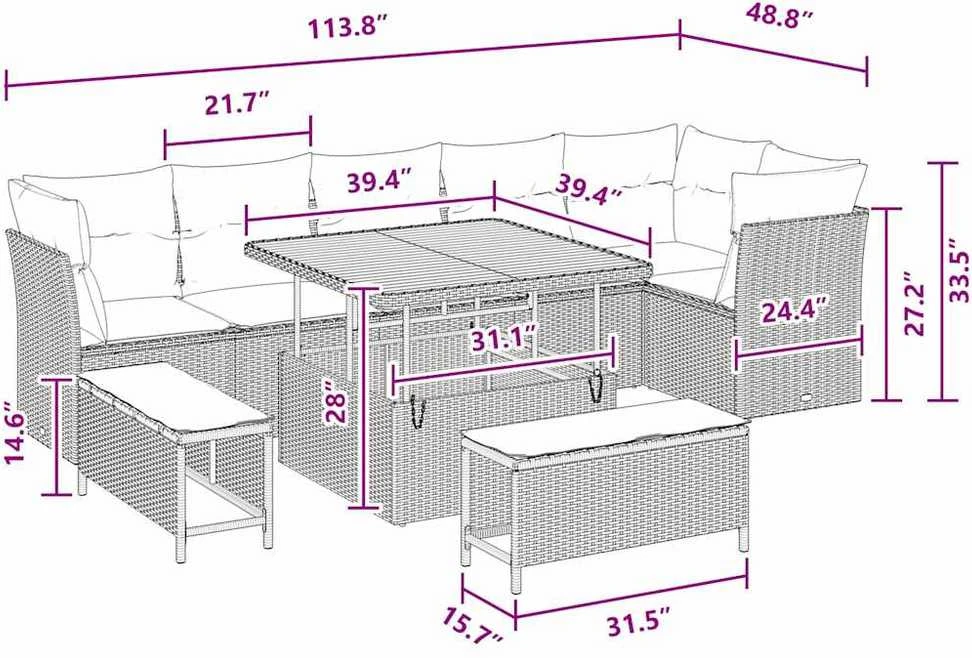 Sodo Sofų Rinkinys 9 vnt. 6-Vietų skaičius Juoda