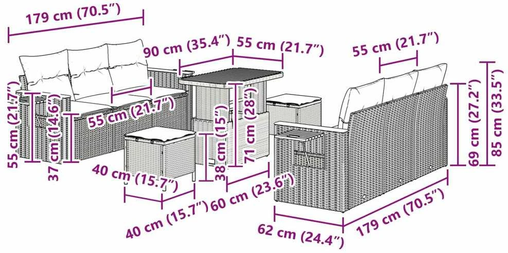 Sofa Sodo Sofų Rinkinys 9 vnt. 8-Vietų skaičius Juoda