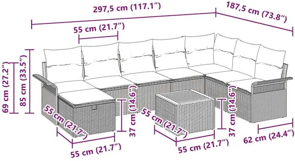 Sodo Sofų Rinkinys 9 vnt. Pilka Poli ratanas