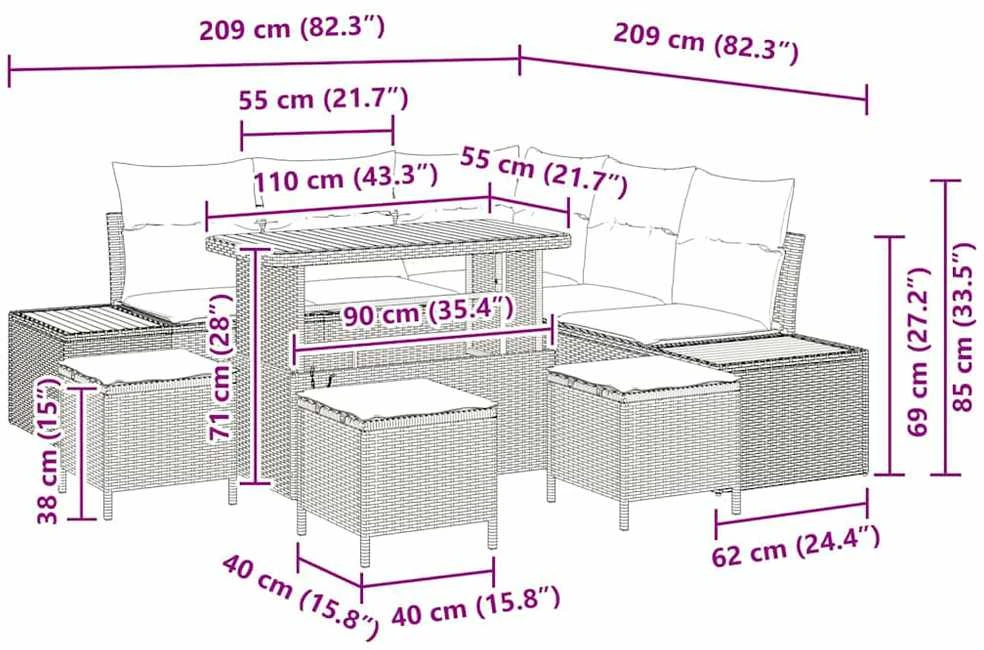 Sodo Sofų Rinkinys 9 vnt. 8-Vietų skaičius Smėlio Poli ratanas